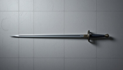 A single medieval sword laid horizontally on a textured gray surface