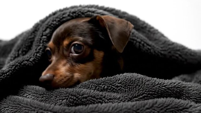Cozy small dog snuggled in soft blanket on a pile of luxurious black towels in a warm indoor setting and relaxing atmosphere