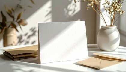 Minimalist stationery mockup featuring a blank white greeting card and kraft envelope on a sunlit desk with botanical shadows and dried flowers