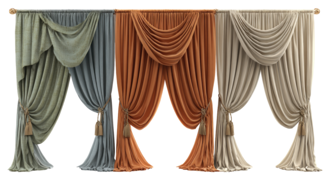 Three sets of draped window treatments in muted colors.  Drapery panels in sage green, burnt orange, and beige, each with a  pleated,  flowing  style.  Heavy fabric, tied back with tassels