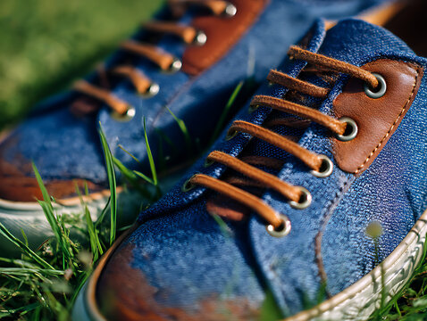 Close up of blue denim sneakers with brown leather accents resting on green grass