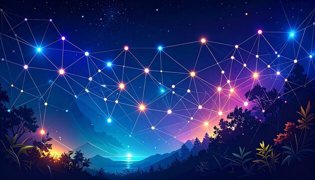 Night landscape with glowing network