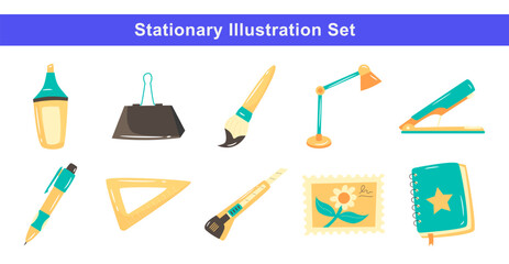 Collection of stationery vector illustration including pen, ruler, notebook, highlighter, binder clip, paint brush, desk lamp, cutter, stapler, and postage stamp in flat style.