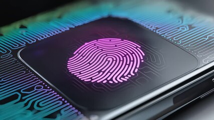 Futuristic biometric fingerprint scanner icon pulsing with vibrant colors on a glowing circuit board microchip - Powered by Adobe