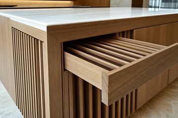 Modern kitchen island with sleek wooden drawer, showcasing minimalist design and high-end materials