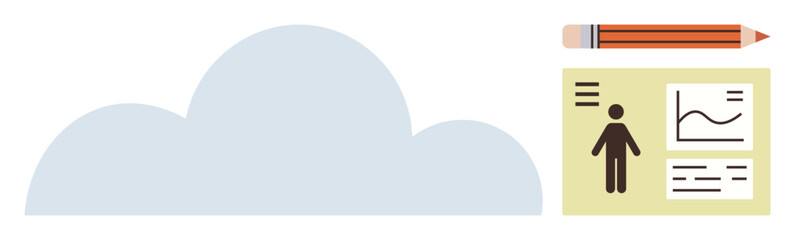 Cloud with infographic card showing a person icon, graph, and data lines next to one pencil. Ideal for data storage, analytics, creativity, education, project management, innovation simple flat