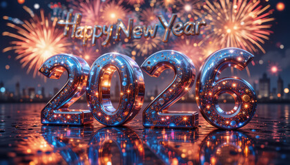 Shiny silver balloons form the number 2026 with fireworks and reflections