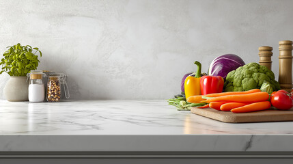 Vibrant assorted vegetables and basil on marble countertop kitchen prep area