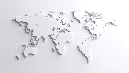 A three-dimensional world map, rendered in a neutral, light gray tone, projects a sense of global interconnectedness on a plain background.