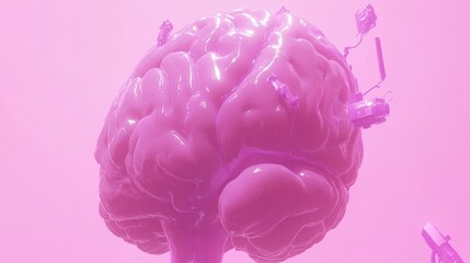 Pink Cybernetic Brain: Futuristic Neural Interface with Metallic Augmentation