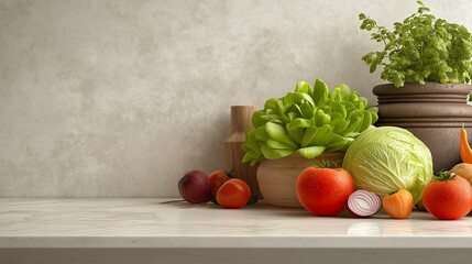 Fresh Vegetables Still Life on Marble Countertop Food Preparation Scene