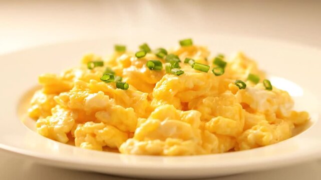 Delicious plate of fluffy scrambled eggs garnished with fresh herbs on a rustic wooden table ready for breakfast enjoyment