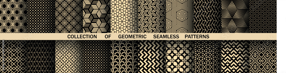 Poster geometric set of seamless black and golden patterns. simple vector graphics