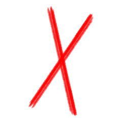 A hand-drawn red X symbol, rendered with a textured, crayon-like effect on a plain white background.