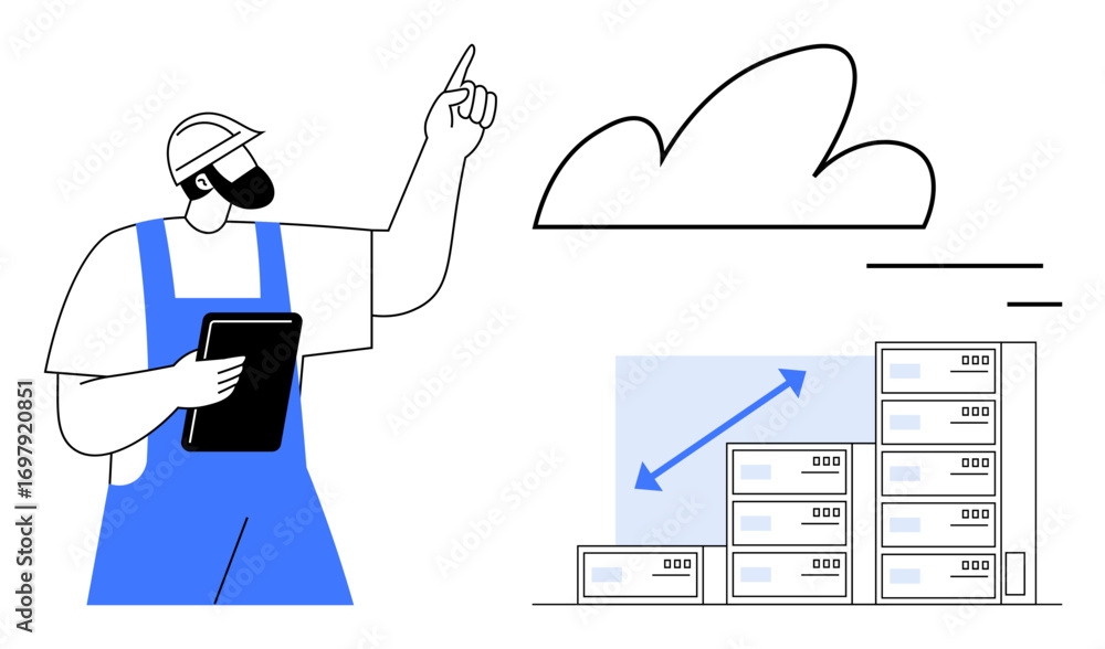 Poster worker in uniform with tablet pointing at a cloud beside server stacks and growth arrows. ideal for 