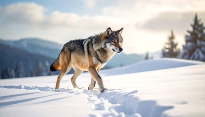 Obraz premium Majestic wolf in snowy mountain landscape