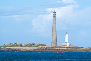View towards Ile Vierge Lighthouse from GR34 coast path, Finistere, Brittany , France
