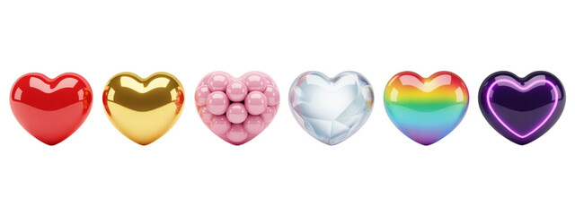 Diverse collection of vibrant, stylized hearts symbolizing love, passion, luxury, and inclusivity, perfect for celebratory designs and emotional storytelling.