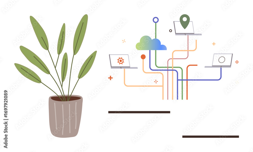 Poster flowing lines connecting laptops with cloud and location icons next to a potted plant. ideal for tec