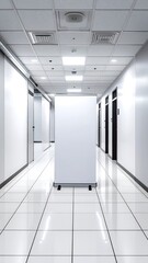 Modern office hallway with blank banner