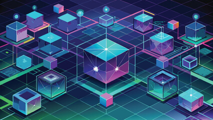 Abstract illustration of data cubes and network connections rendered with a futuristic isometric perspective
