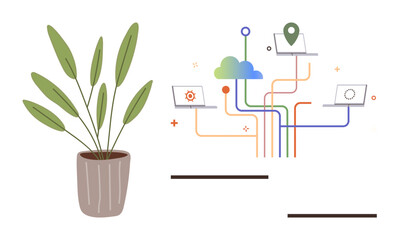 Flowing lines connecting laptops with cloud and location icons next to a potted plant. Ideal for technology, environment, innovation, remote work, network, data management, growth. Simple flat