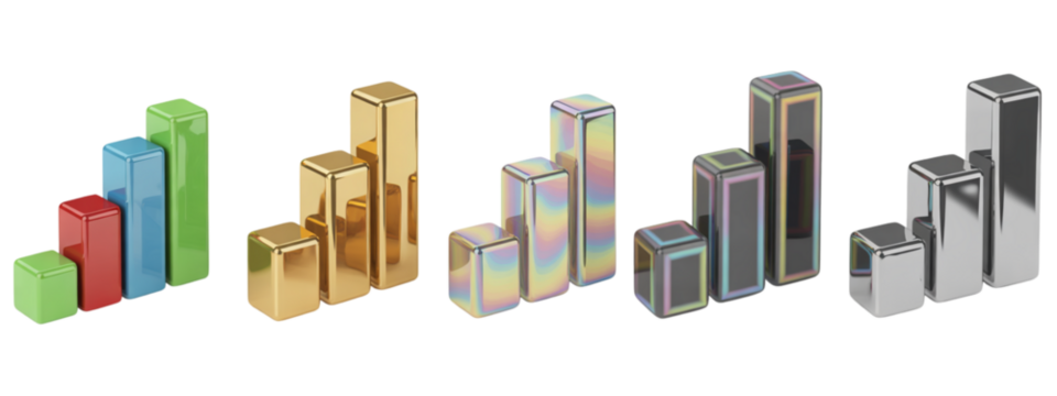 Dynamic bar charts in various metallic finishes and vibrant colors illustrate financial growth, market trends, and data analysis for professional presentations and business insights.