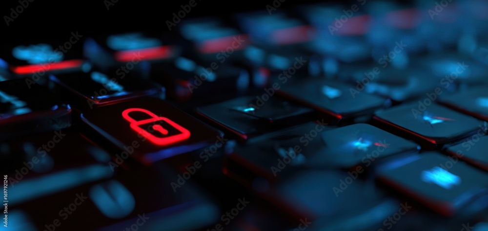 Poster the keyboard lock key highlighted with red padlock symbol for cybersecurity