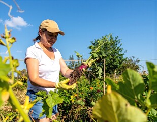 A woman in a sunlit field, wearing a straw hat and denim overalls, carefully picks ripe vegetables, surrounded by vibrant green plants and colorful produce.