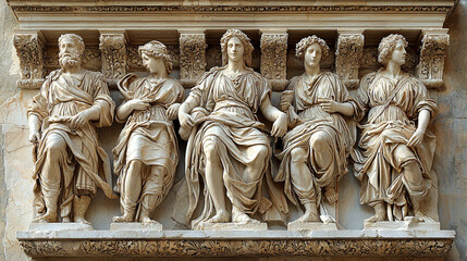 Ancient Roman relief sculpture of five seated female figures