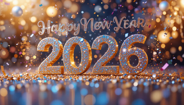 Sparkling happy new year 2026 with bokeh and confetti