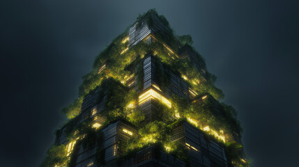Futuristic eco building, urban jungle architecture concept, sustainable city ecosystem design