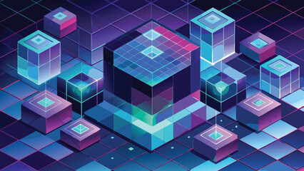 Abstract isometric illustration of futuristic digital cubes with glowing elements and a technological aesthetic suitable for design needs.