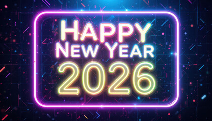 Happy new year 2026 neon sign with confetti and bokeh