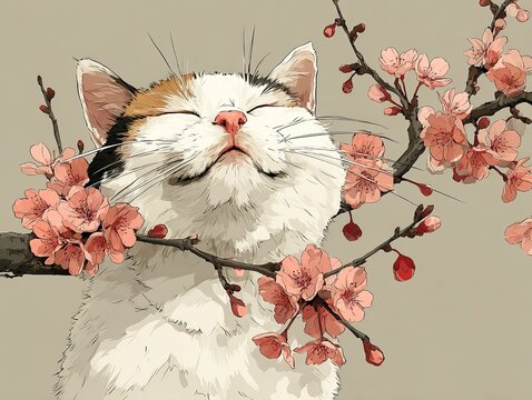 Cat Among Pink Blossoms