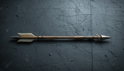 A single antique arrow lies horizontally on a dark textured background
