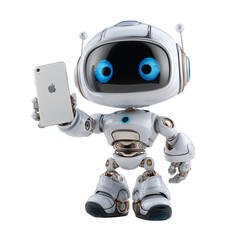 Cute robot holding a smartphone in a studio setting with bright lighting and a friendly expression. PNG image, transparent background