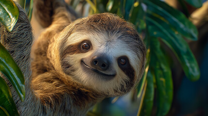 Fototapeta premium Smiling Sloth Portrait in Jungle Canopy with Lush Green Foliage Sunlight