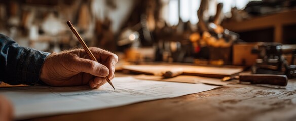 The hand sketching a woodworking blueprint on a rustic wooden workbench in workshop