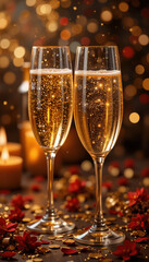 Two glasses of champagne with bokeh lights and confetti celebrating a special occasion