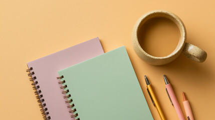 Pastel Desk Arrangement with Notebooks Coffee and Pens Minimalist Styled