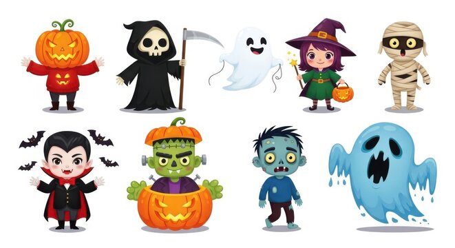 Collection of cute cartoon halloween characters isolated on white background - Powered by Adobe