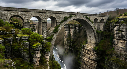 Fototapeta premium Vector illustration of ancient stone aqueduct bridge with multiple arches spanning a deep gorge with a river below