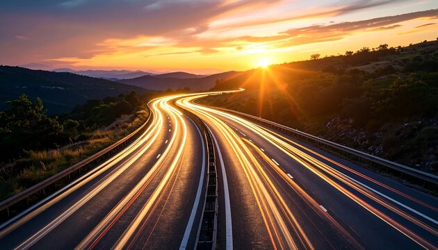 Highway at sunset, light trails
