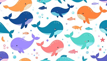 A whimsical pattern of colorful whales and fish swimming in an aquatic scene.