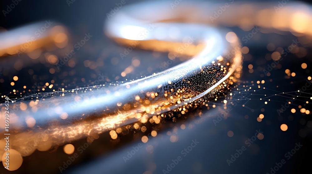 Poster glowing golden light trails with sparkling particles swirling against dark background create magical