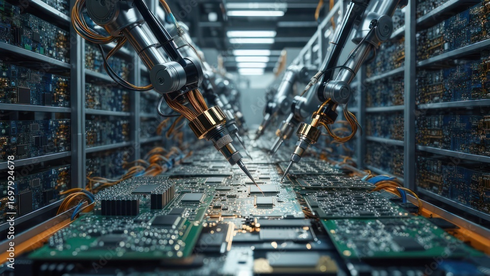 Aufkleber automated circuit board assembly: robotic arms soldering electronic components.