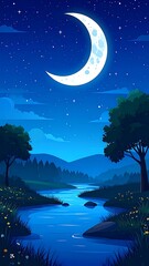 Night scene, crescent moon over river