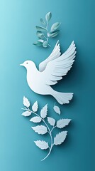 Obraz premium Simple paper cut dove with olive leaf in beak, light blue and white color palette, vector style illustration, peace symbol