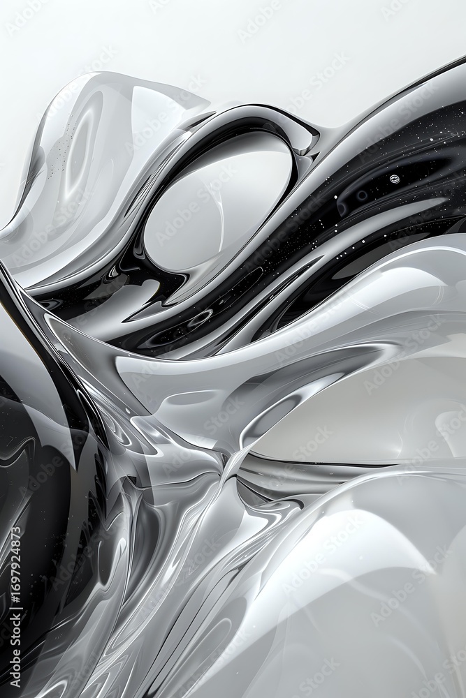 Poster abstract flowing curves in black and white create dynamic movement with smooth metallic surfaces and